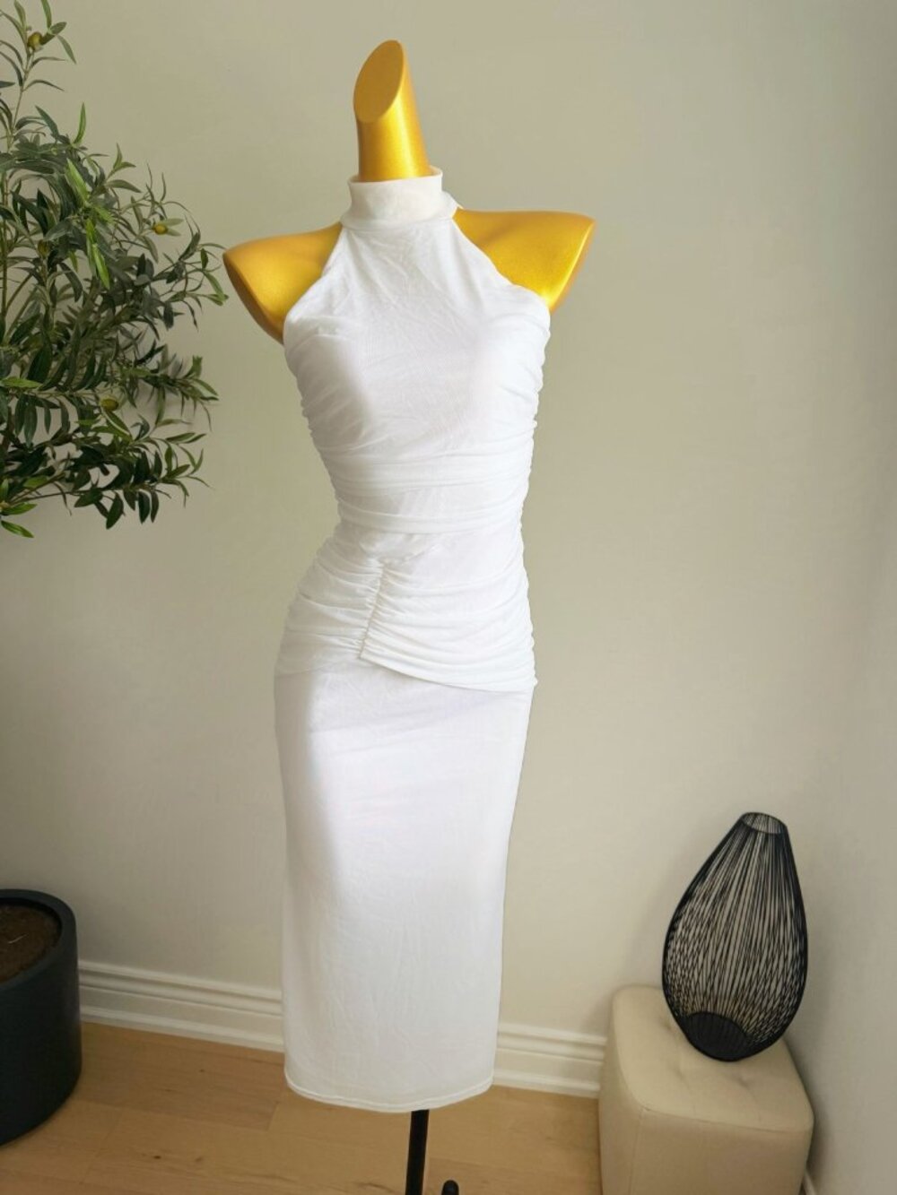 Lulus White Mesh Ruched Halter Midi Dress Open Back S - Picture 3 of 8
